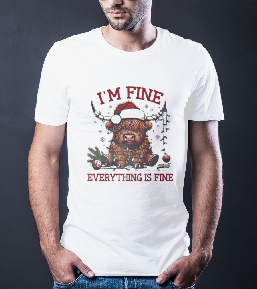 I'm Fine Everything Is Fine Christmas Lights Cow Holiday T-Shirt