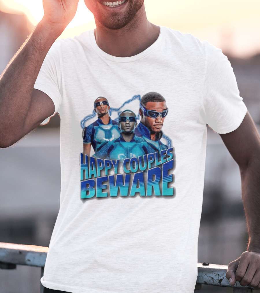 Happy Couples Beware Blue Outfits And Sunglasses Trio T-Shirt