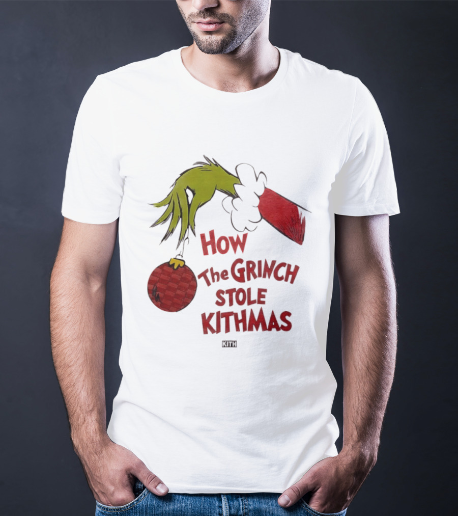 How The Grinch Stole Kithmas Green Figure Red Santa Hat Red Ornament T-Shirt