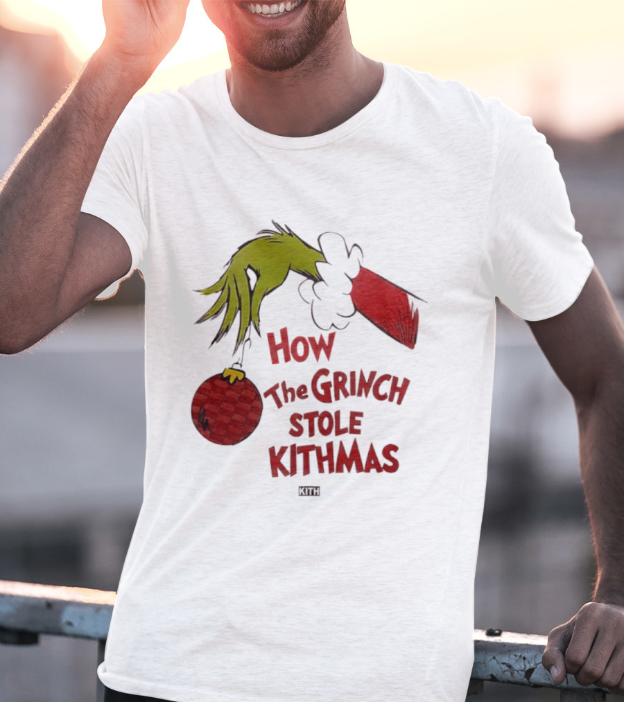 How The Grinch Stole Kithmas Green Figure Red Santa Hat Red Ornament T-Shirt