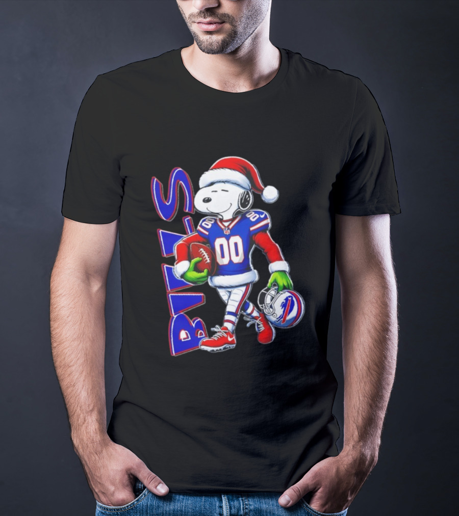 Buffalo Bills Snoopy Christmas NFL Football Player With Santa Hat And Grinch Hands T-Shirt