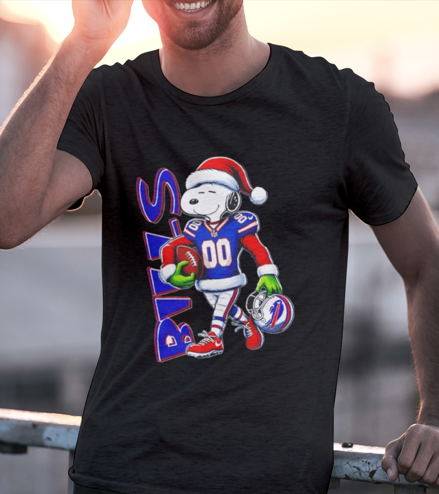Buffalo Bills Snoopy Christmas NFL Football Player With Santa Hat And Grinch Hands T-Shirt