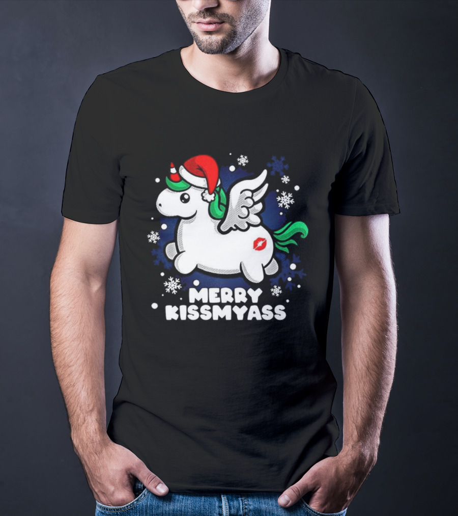 Merry Kissmyass Pegasus Santa Hat Snowflakes T-Shirt