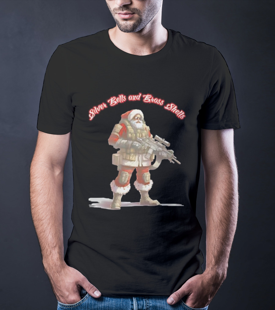 Silver Bells And Brass Shells Armed Santa Christmas T-Shirt