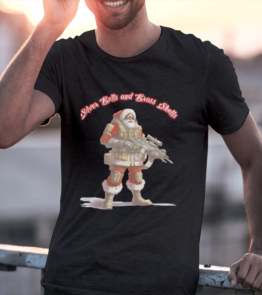 Silver Bells And Brass Shells Armed Santa Christmas T-Shirt