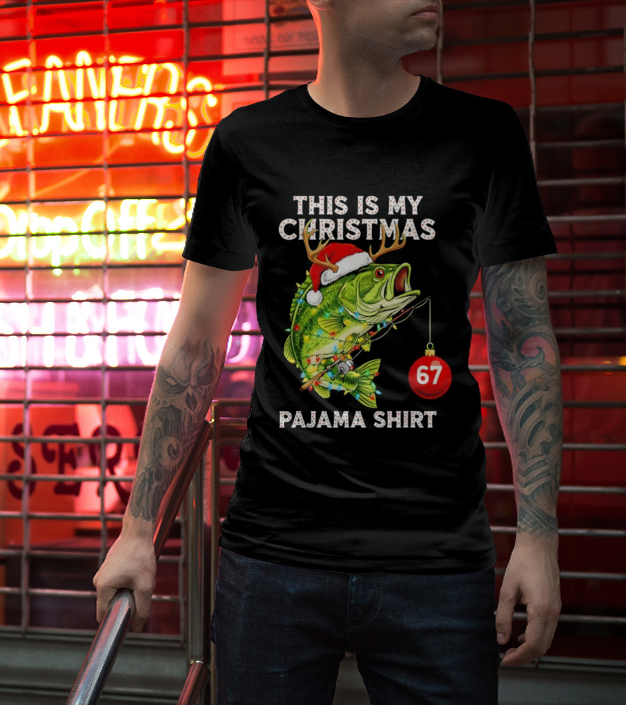 This Is My Christmas Pajama Bass Fish Santa Hat Lights Reindeer Antlers 67 Ornament T-Shirt