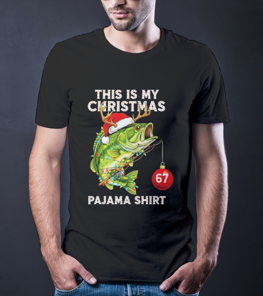This Is My Christmas Pajama Bass Fish Santa Hat Lights Reindeer Antlers 67 Ornament T-Shirt
