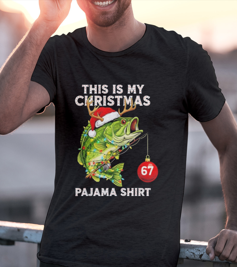 This Is My Christmas Pajama Bass Fish Santa Hat Lights Reindeer Antlers 67 Ornament T-Shirt