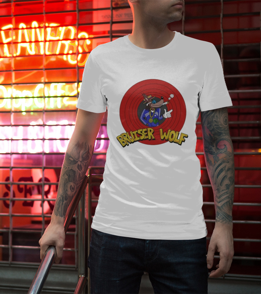 Bruiser Wolf Cartoon Vibes Smoking Character In Circular Red Background T-Shirt