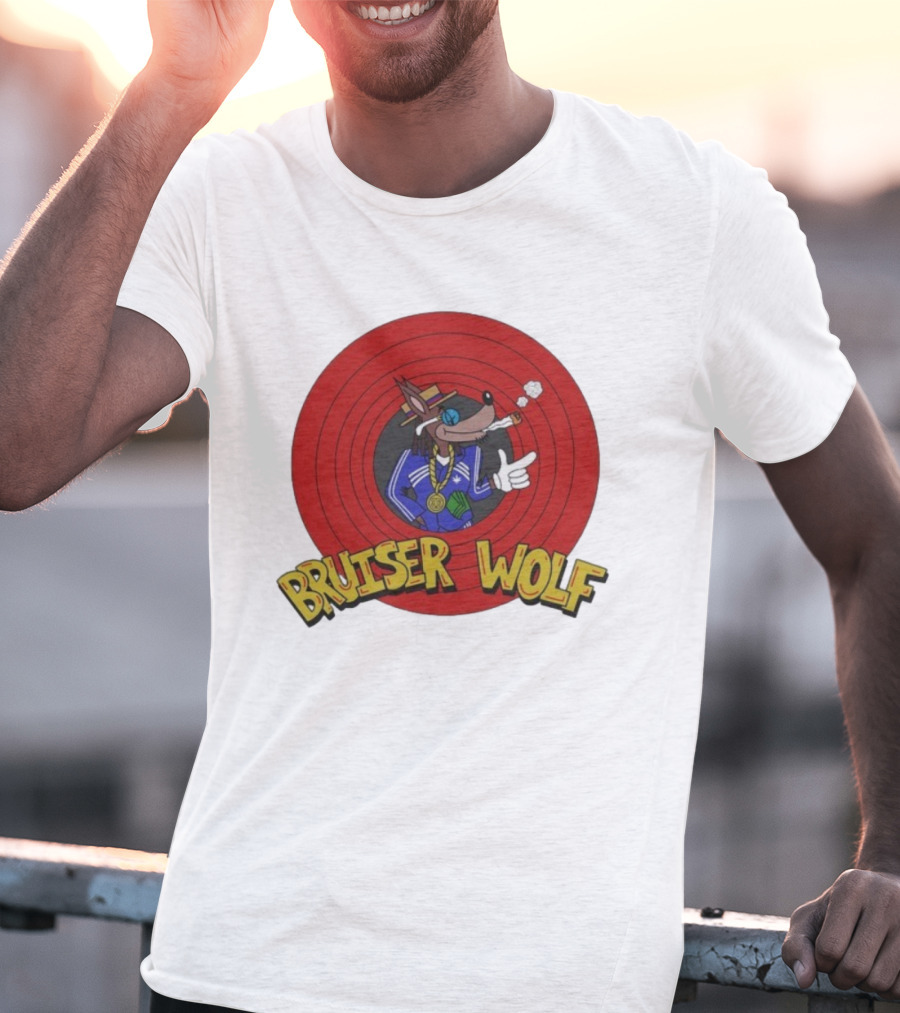 Bruiser Wolf Cartoon Vibes Smoking Character In Circular Red Background T-Shirt