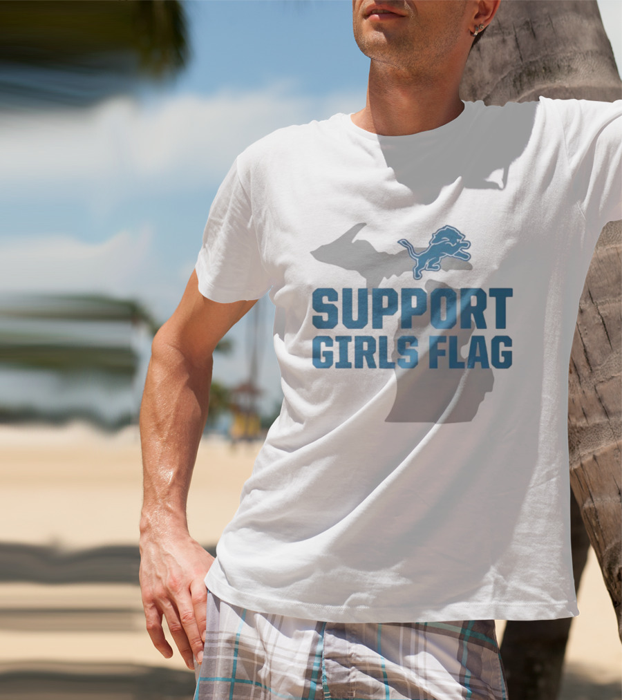 Detroit Lions Support Girls Flag Michigan Map T-Shirt