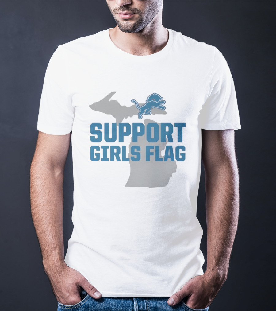 Detroit Lions Support Girls Flag Michigan Map T-Shirt