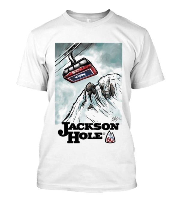 Jackson Hole 60th Anniversary Kelly Halpin Ski Tram Mountain Scene T-Shirt
