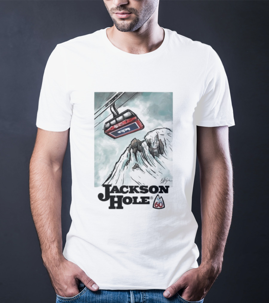 Jackson Hole 60th Anniversary Kelly Halpin Ski Tram Mountain Scene T-Shirt