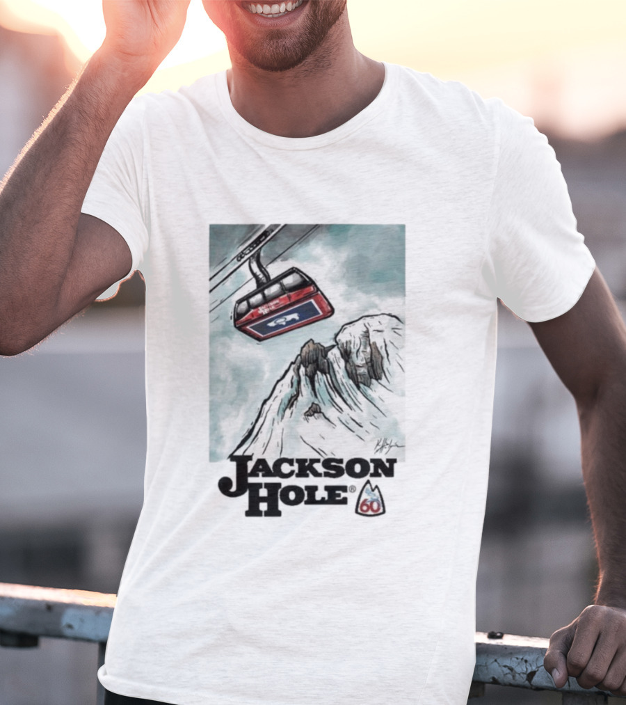 Jackson Hole 60th Anniversary Kelly Halpin Ski Tram Mountain Scene T-Shirt