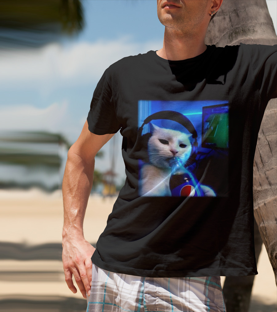 Cat Wearing Headphones Drinking Pepsi Gaming Meme T-Shirt