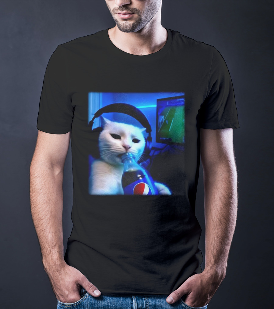 Cat Wearing Headphones Drinking Pepsi Gaming Meme T-Shirt