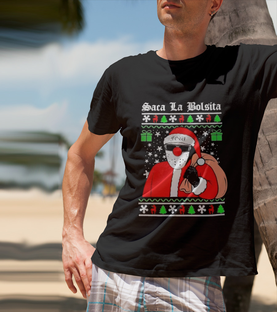 Saca La Bolsita Ugly Xmas Santa With Sunglasses And Bag Snowflakes Christmas Trees T-Shirt