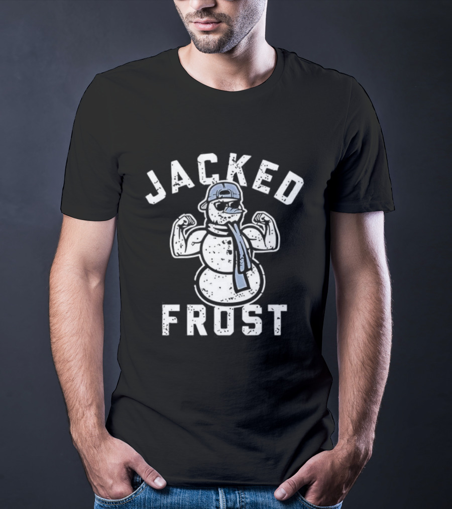 Jacked Frost Snowman Flexing Muscles With Winter Hat And Scarf T-Shirt