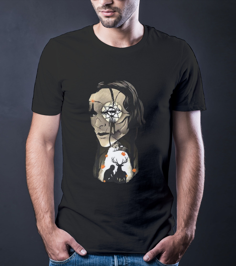 The Gentle Monster Face And Autumn Leaves With Silhouettes Of People And Deer T-Shirt