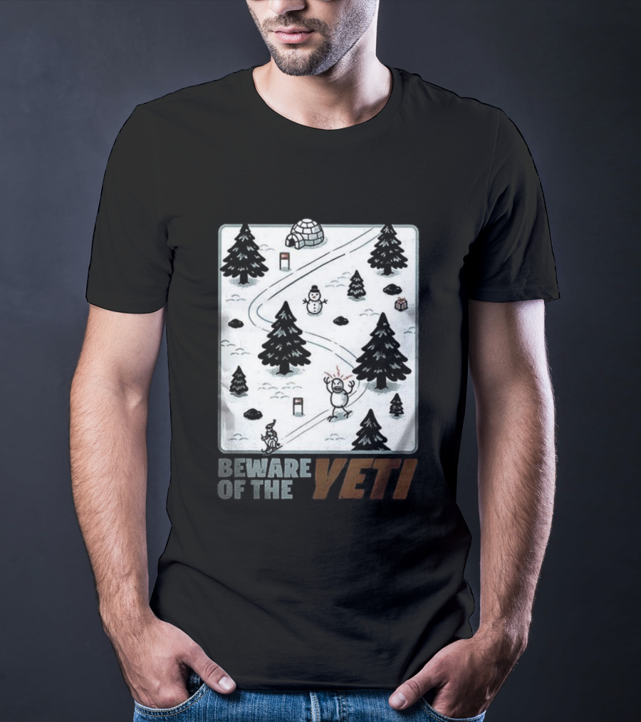 Beware Of The Yeti Funny Cartoon Ski Slope Scene T-Shirt