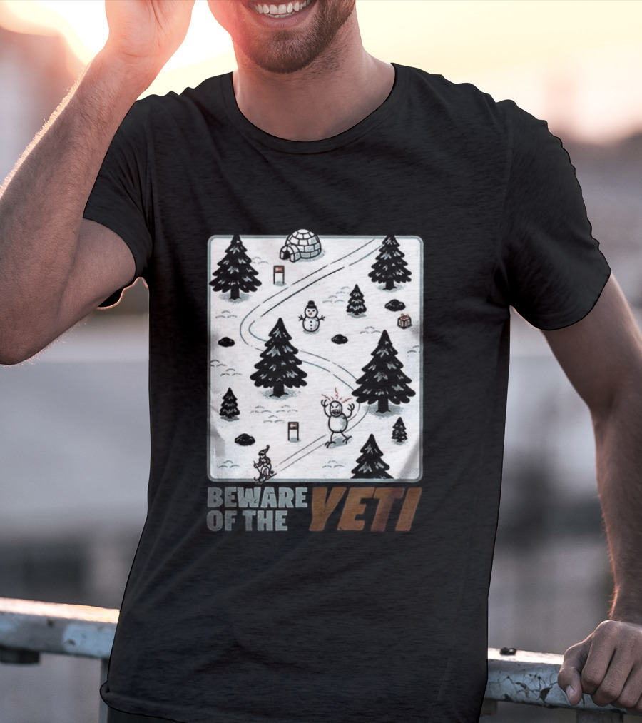 Beware Of The Yeti Funny Cartoon Ski Slope Scene T-Shirt