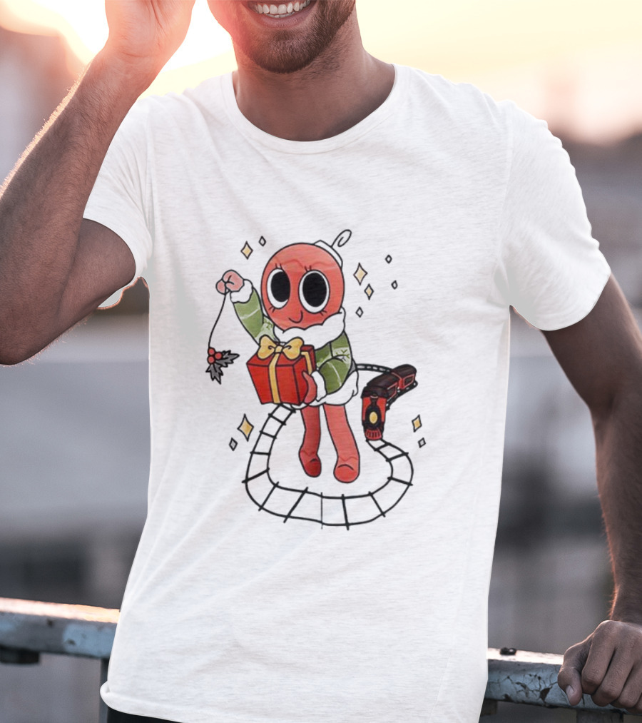 Bobette Light Green Cartoon Character Holding Gift With Train Elements T-Shirt