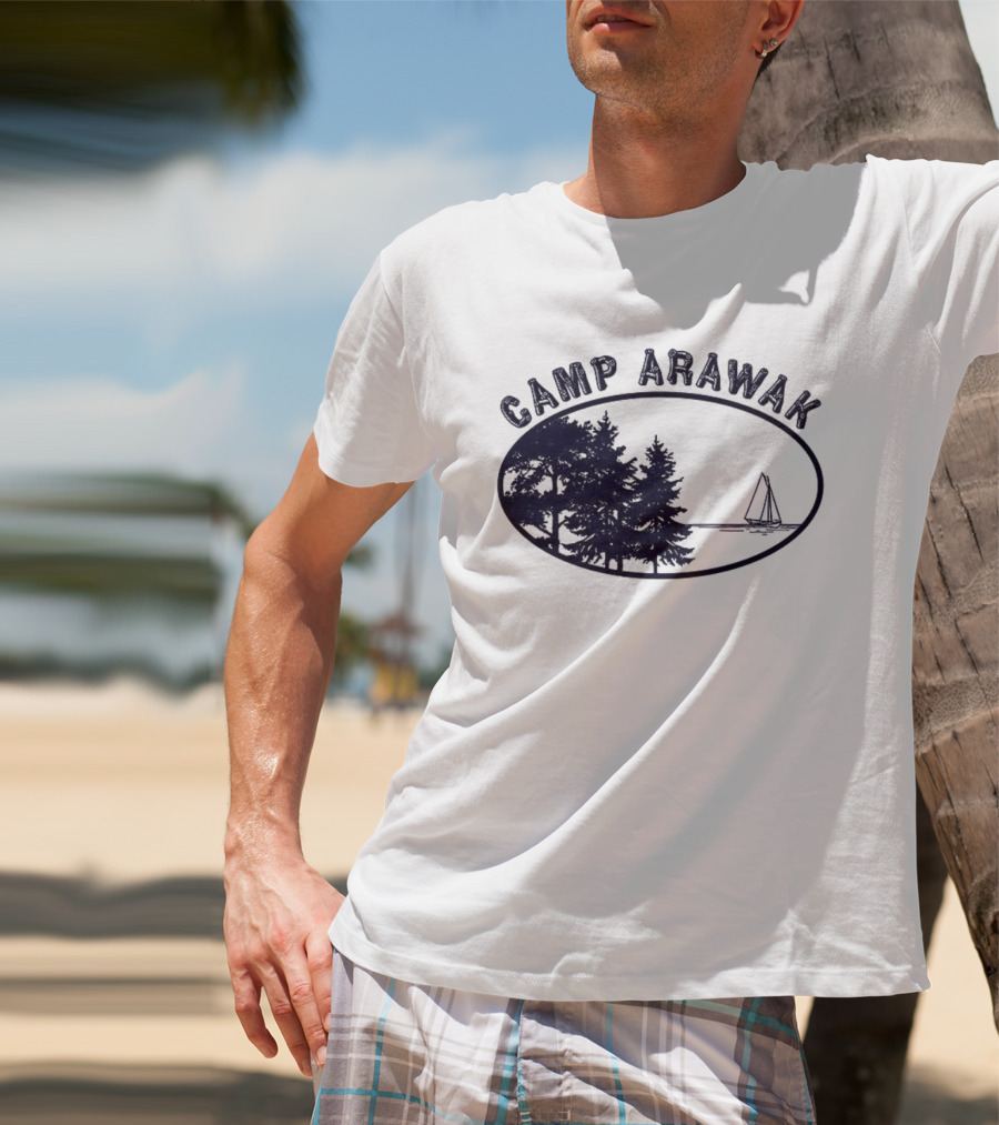 Camp Arawak Trees And Sailboat Scene T-Shirt