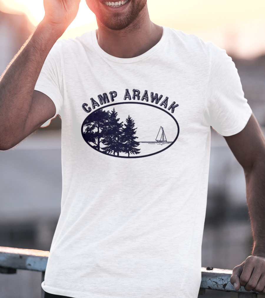 Camp Arawak Trees And Sailboat Scene T-Shirt