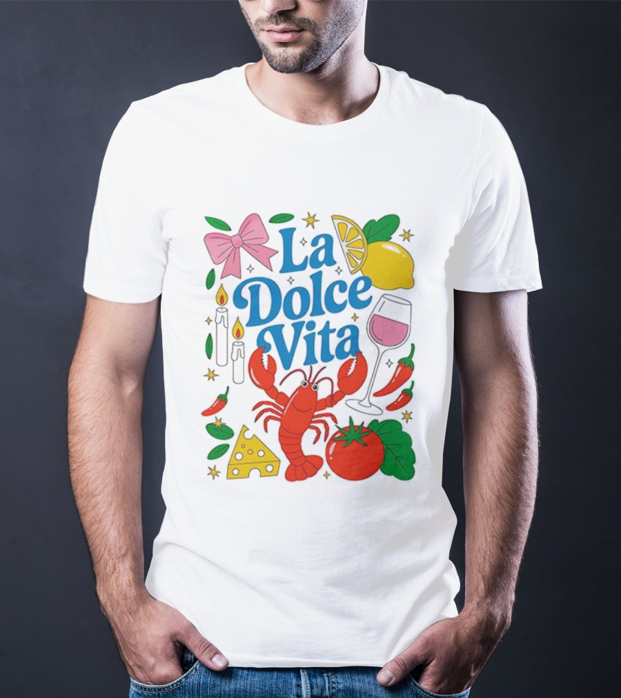 J’aime La Dolce Vita Lobster Lemon Tomato Cheese Bow Candles Wine Peppers T-Shirt