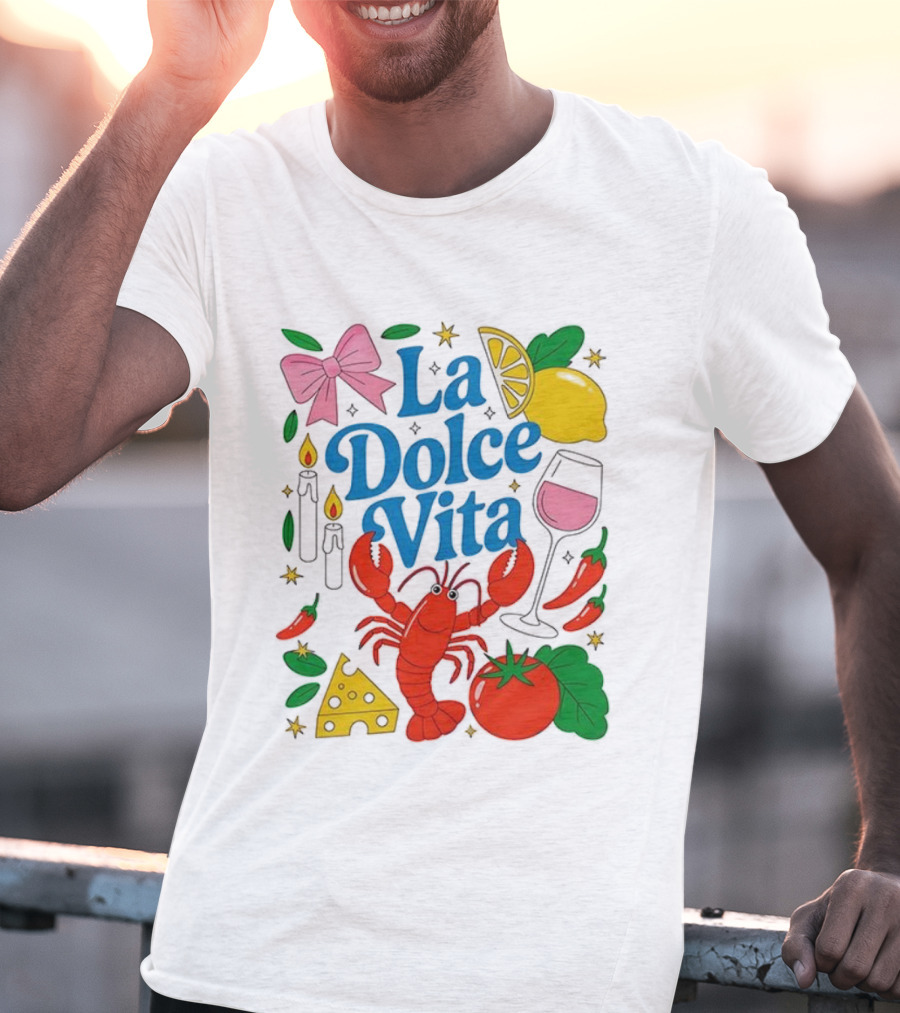 J’aime La Dolce Vita Lobster Lemon Tomato Cheese Bow Candles Wine Peppers T-Shirt