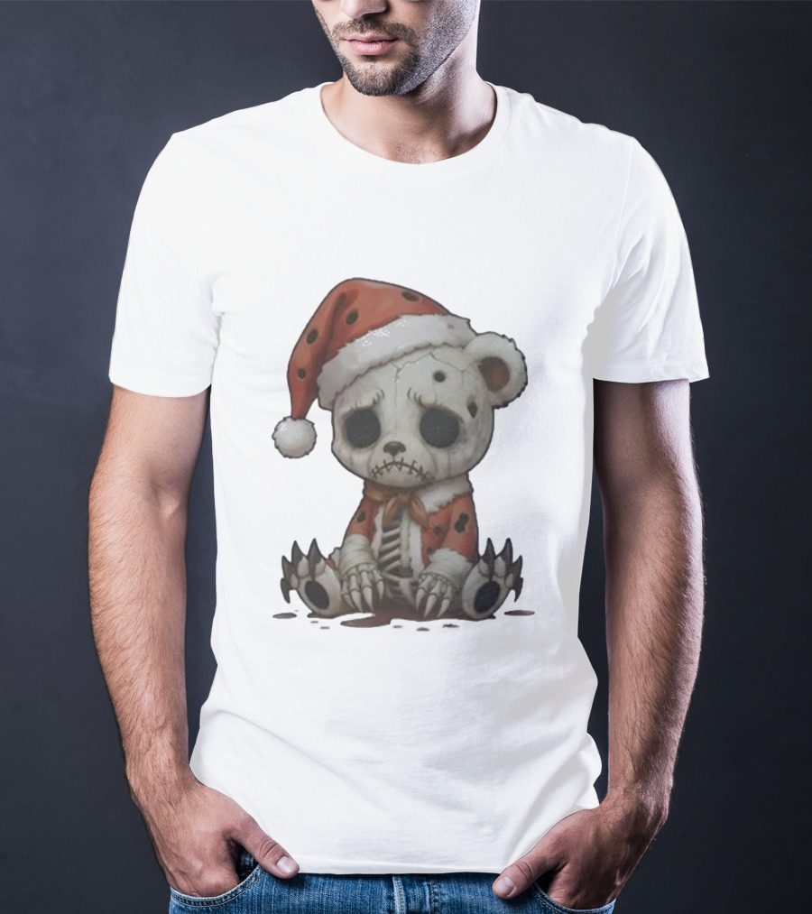 Merry & Boney Christmas Creepy Skeleton Teddy Bear Santa Hat T-Shirt