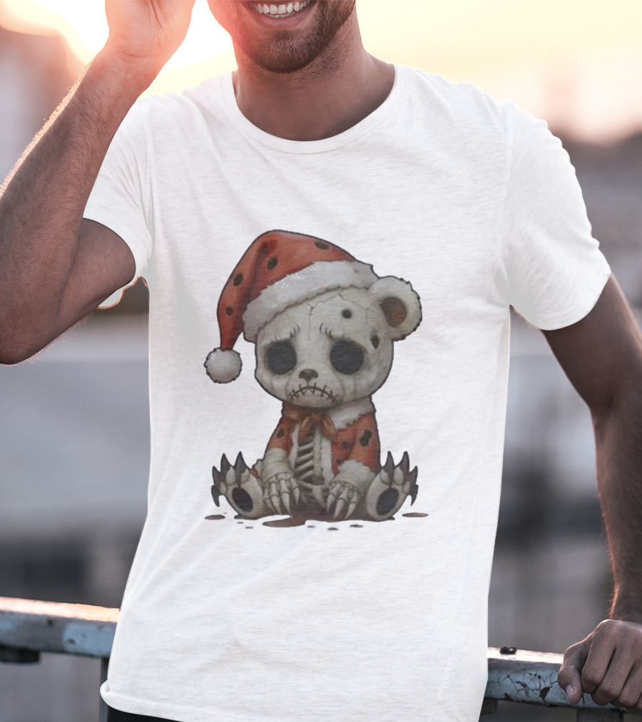 Merry & Boney Christmas Creepy Skeleton Teddy Bear Santa Hat T-Shirt