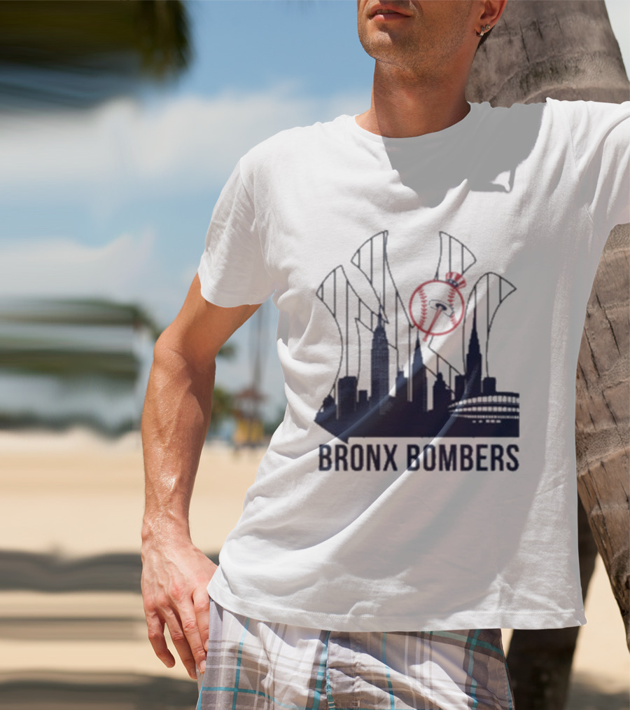 New York Yankees Bronx Bombers Skyline Classic Yankees Bat And Hat Icon T-Shirt