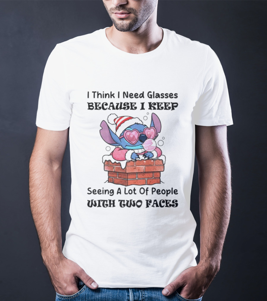 Stitch Christmas I Think I Need Glasses Seeing People With Two Faces T-Shirt