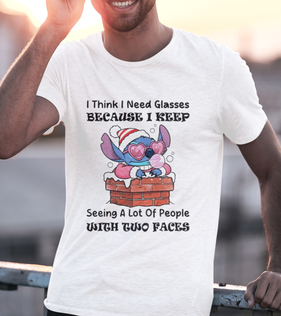 Stitch Christmas I Think I Need Glasses Seeing People With Two Faces T-Shirt