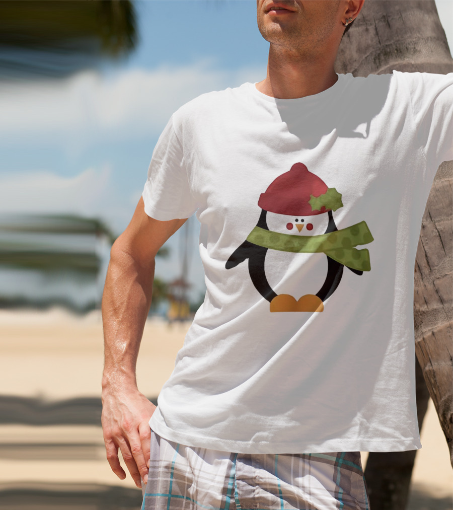Cute Penguin Christmas Cartoon With Red Hat And Green Scarf T-Shirt