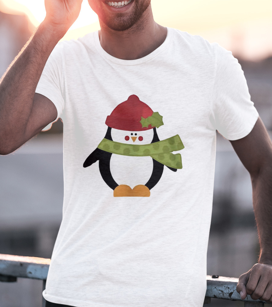 Cute Penguin Christmas Cartoon With Red Hat And Green Scarf T-Shirt