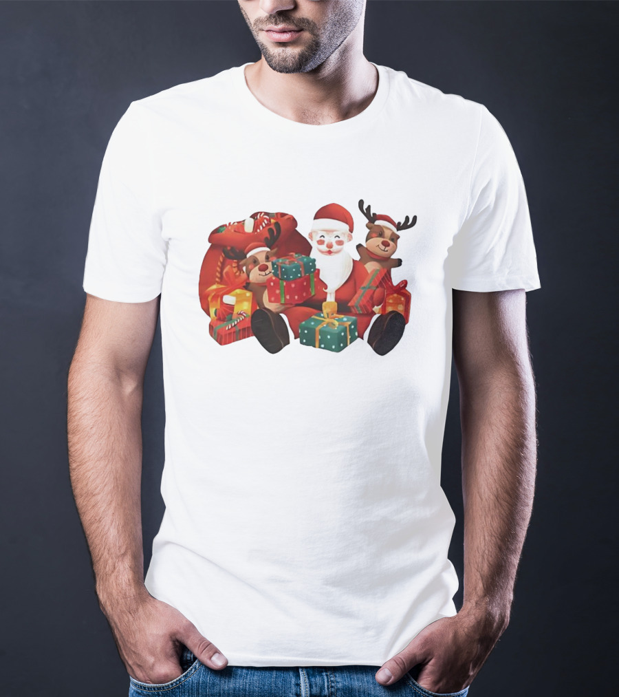 Santa Claus And Reindeer Holding Christmas Gifts With Sack And Ribbon T-Shirt