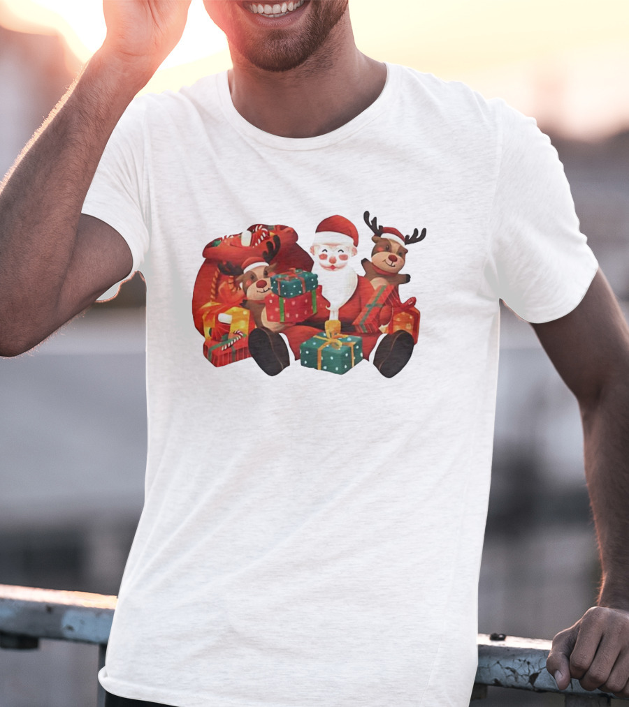 Santa Claus And Reindeer Holding Christmas Gifts With Sack And Ribbon T-Shirt