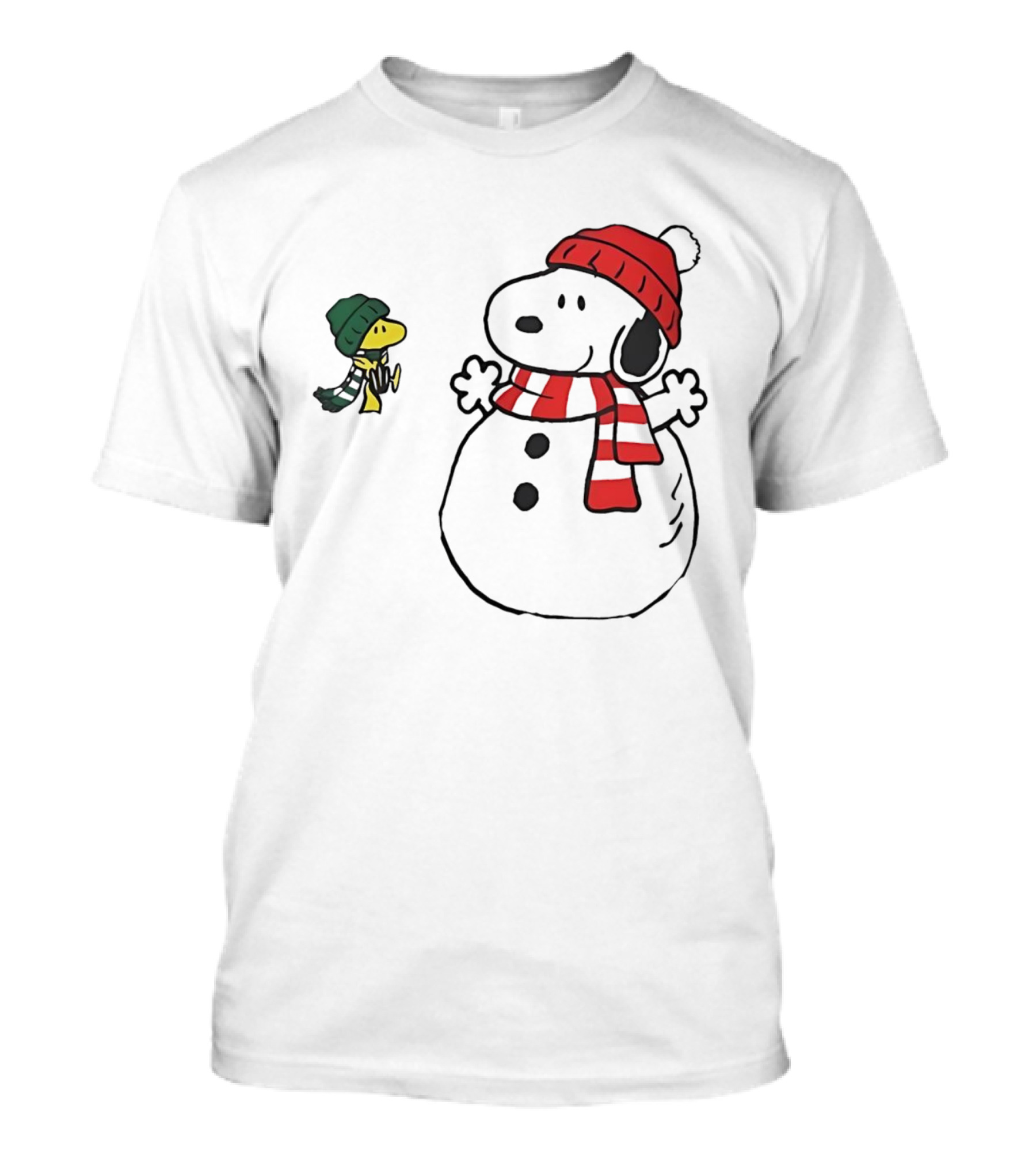 Snoopy And Woodstock Christmas Holiday Snowman Scene T-Shirt