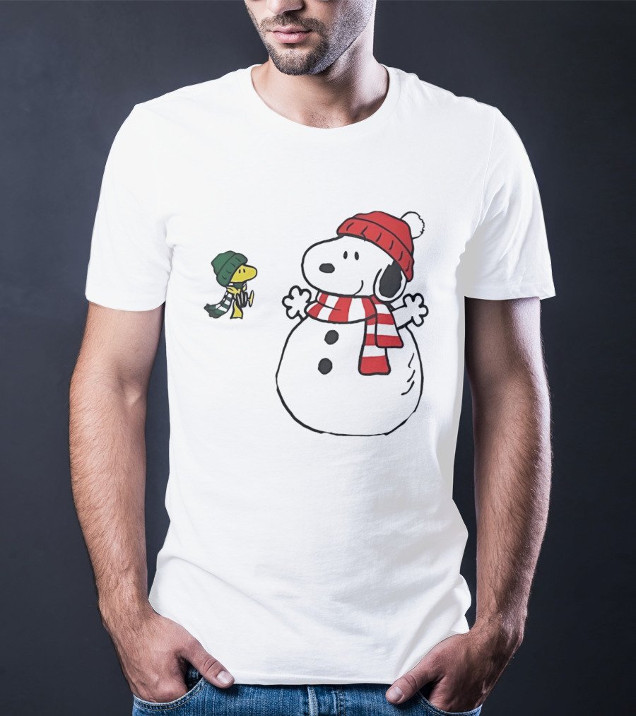 Snoopy And Woodstock Christmas Holiday Snowman Scene T-Shirt