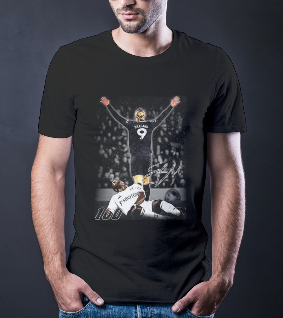 Erling Haaland 9 Manchester City 100th Goal Celebration Signature T-Shirt