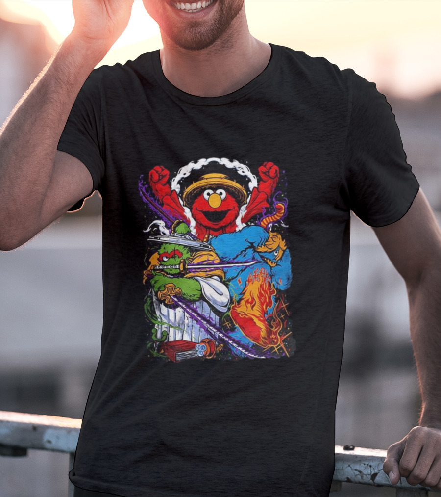 Elmo Oscar Cookie Monster Luffy Crossover Street Trio T-Shirt