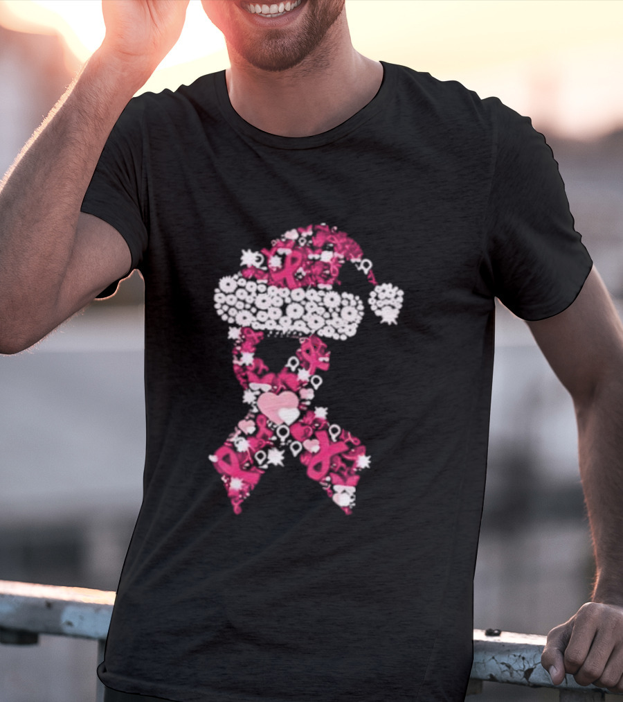Santa Hat Breast Cancer Awareness Christmas Ribbon T-Shirt