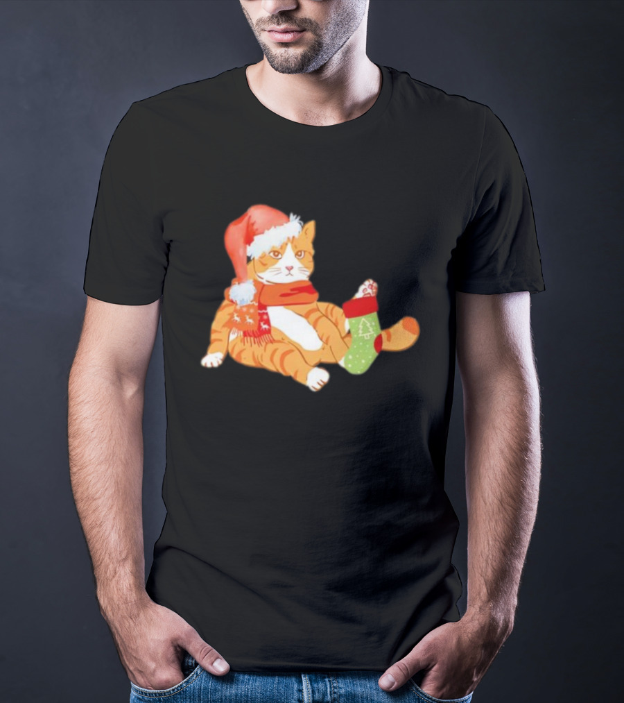 Cute Christmas Orange Cat Santa Hat Festive Stocking T-Shirt