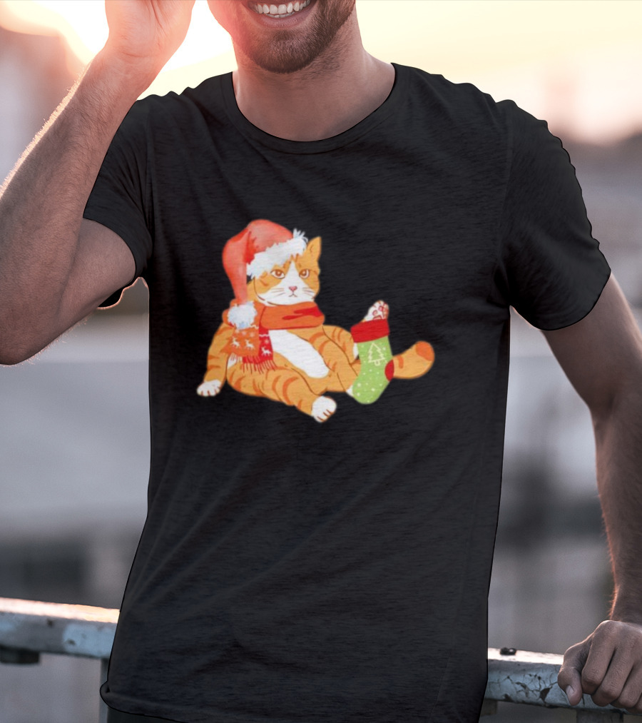 Cute Christmas Orange Cat Santa Hat Festive Stocking T-Shirt