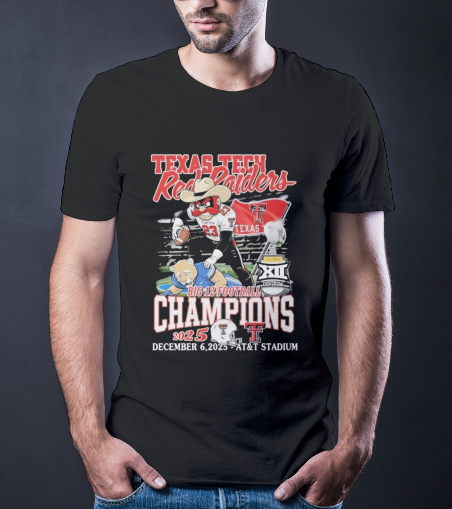 Texas Tech Red Raiders Big 12 Football Champions 2025 Victory Over Brigham Young Cougars December 6 Jones AT&T Stadium T-Shirt