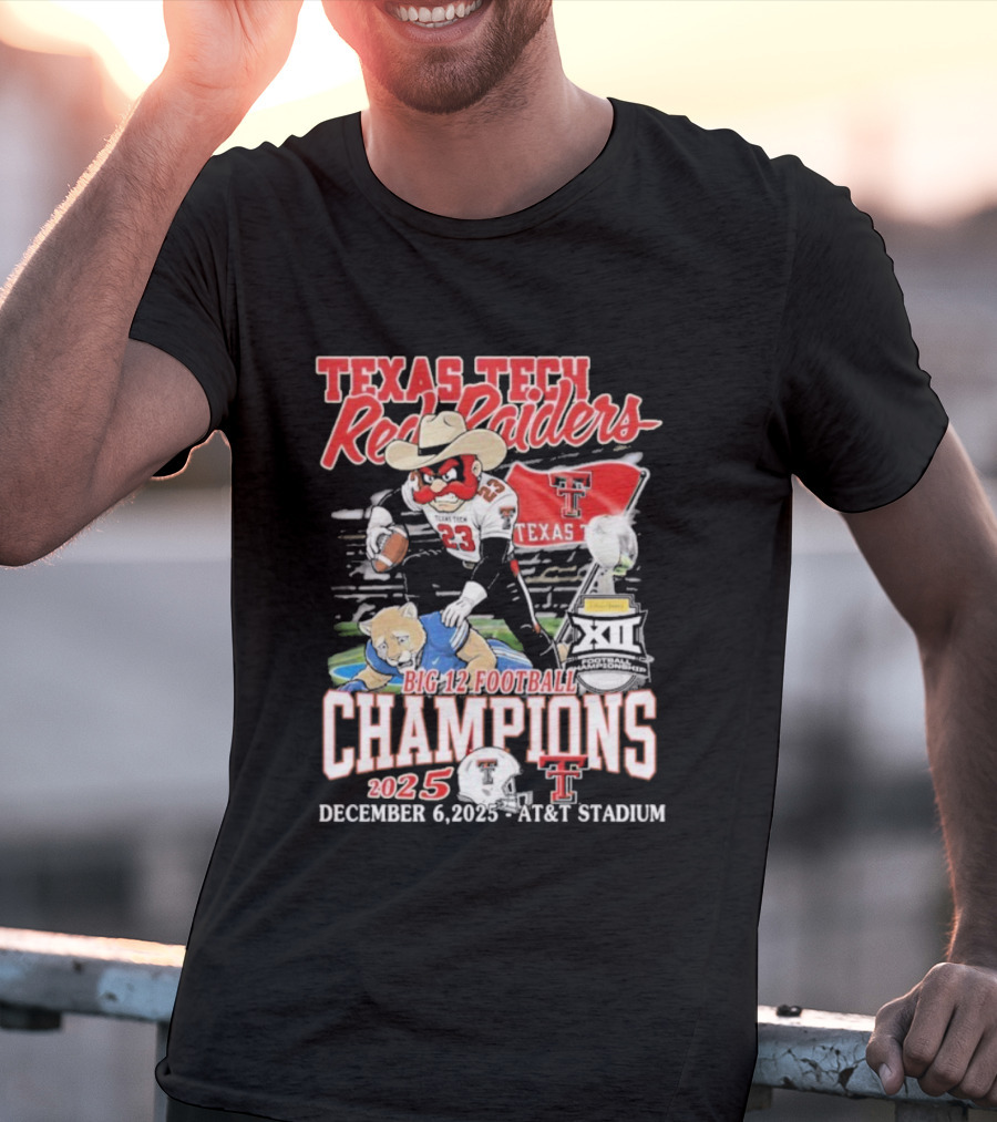 Texas Tech Red Raiders Big 12 Football Champions 2025 Victory Over Brigham Young Cougars December 6 Jones AT&T Stadium T-Shirt