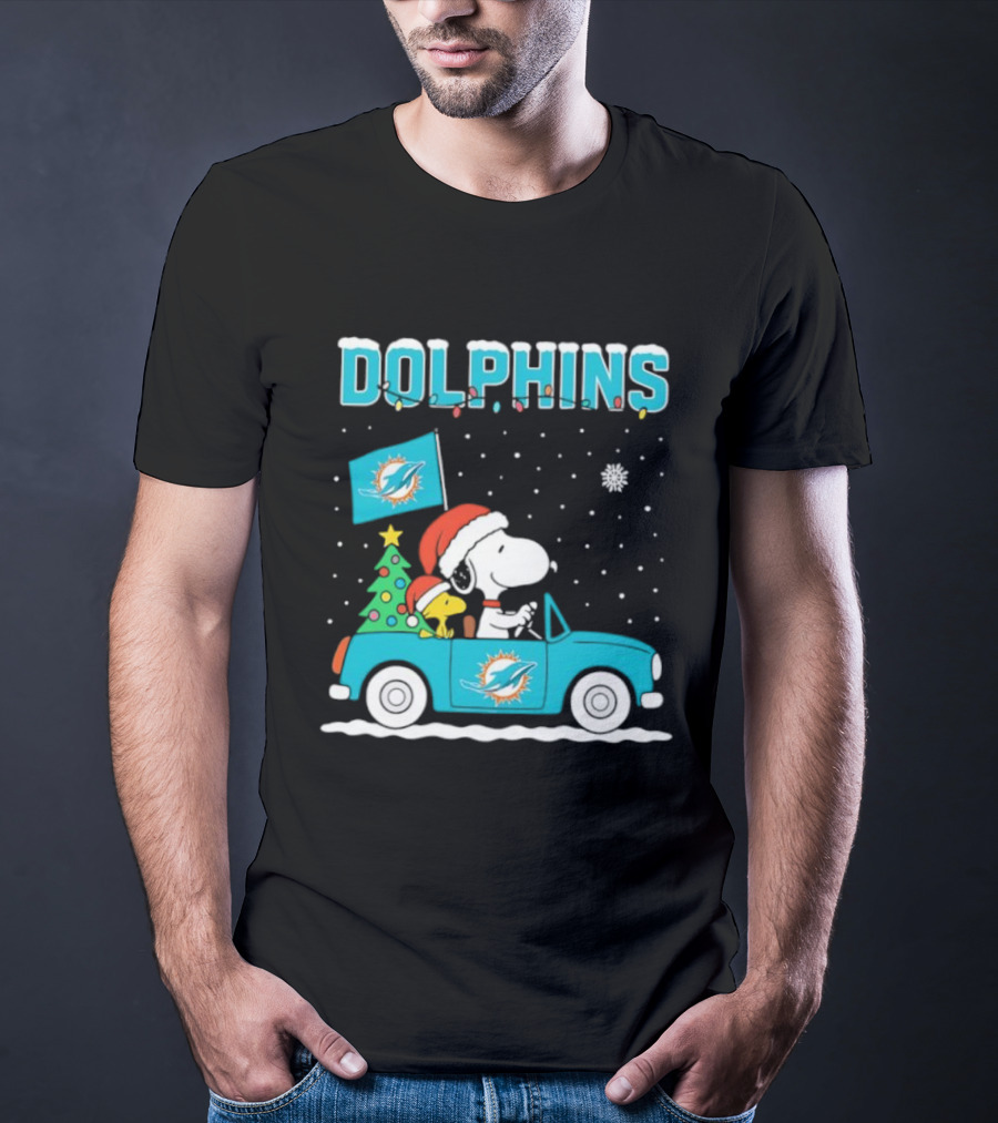 Snoopy WoodStock Santa Christmas Miami Dolphins Car Holiday Scene T-Shirt